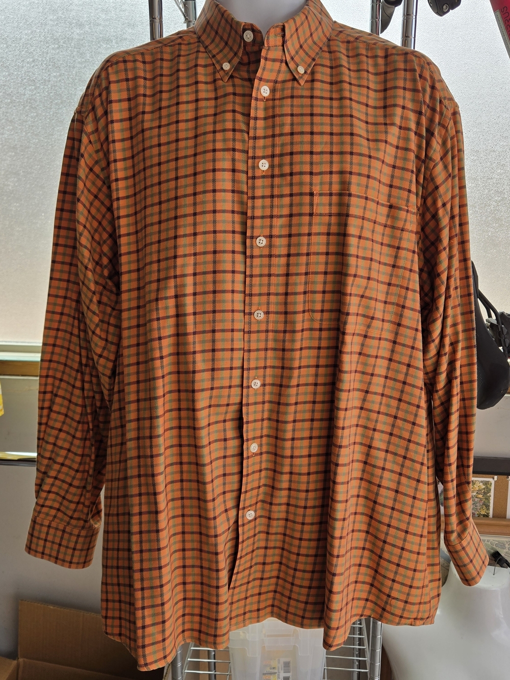 Orvis Orange and Green Plaid Button-Down Shirt